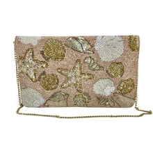 Load image into Gallery viewer, Elegant beach-themed beaded pouch with sparkling starfish, shells, and seaside embellishments.