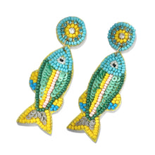 Load image into Gallery viewer, Handmade beaded fish earrings adorned with sequins and seed beads in vibrant ocean hues, perfect for summer styling.