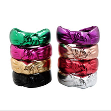 Load image into Gallery viewer, Set of metallic knot headbands in multiple colors including green, pink, gold, silver, and black