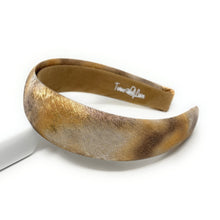 Load image into Gallery viewer, A textured brown headband with metallic gold and copper hues on a white background, conveying a stylish and elegant tone.