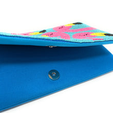 Load image into Gallery viewer, Hand beaded flamingo clutch with bright pink flamingos on a turquoise background.