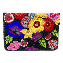 Load image into Gallery viewer, Hand-beaded envelope clutch featuring vibrant multicolored flowers on a black background with intricate beadwork.