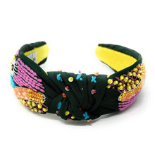 Load image into Gallery viewer, Unique handcrafted embellished headband with textured threadwork, bright sequins, and eye-catching geometric bead patterns.