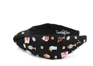 Black headband adorned with small, colorful different drink charms and rhinestones, creating a playful and chic vibe. Features the "TwinLad Love" logo inside.