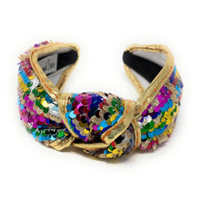 Load image into Gallery viewer, headband for women, summer Knot headband, multicolor sequin headband, Summer knotted headband, Multicolor top knot headband, multi color top knotted headband, multicolor knotted headband, Bright knot headband, Sequin hair band, sequin knot headbands, rainbow sequin knot headband, statement headbands, top knotted headband, Multicolor accessories, embellished headband, best selling items, luxury headband, embellished knot headband, multicolor knotted headband, summer knot headband