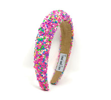 Load image into Gallery viewer, headbands for women, baroque headband, handmade headbands, sprinkle headband, confetti headband, sprinkles padded headband, birthday headband, birthday accessories, embellished headband, rhinestone headband, shimmer headband, multi color headband, cupcake headband, birthday gifts, confetti baroque headband, padded headband, luxury knot headband, knot headband, thick headband, custom headband, handmade headbands, custom headband, boho headband, birthday accessories, best selling items