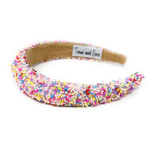 headbands for women, baroque headband, handmade headbands, sprinkle headband, confetti headband, sprinkles padded headband, birthday headband, birthday accessories, embellished headband, rhinestone headband, shimmer headband, multi color headband, cupcake headband, birthday gifts, confetti baroque headband, padded headband, luxury knot headband, knot headband, thick headband, custom headband, handmade headbands, custom headband, boho headband, birthday accessories, best selling items