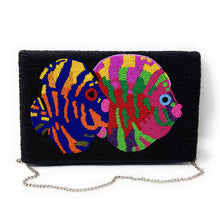 Load image into Gallery viewer, Colorful, beaded clutch with two fish designs. The fish feature vibrant stripes in blue, yellow, pink, green, and orange against a dark background.