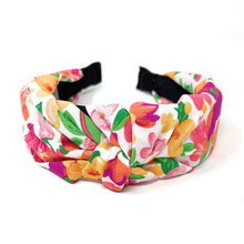 Load image into Gallery viewer, headbands for women, multicolor knot headband, handmade headbands, floral top knotted headband, floral knotted headband, hair band for women, embellished headband, floral headband, floral headband for women, summer headband, jeweled headband for women, knotted jeweled headband, wide floral headband, summer knot headband, pink orange floral headband, knotted headbands, yellow headband, game day hair accessories, game day headband, summer headbands, multicolor floral headband, best selling items

