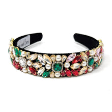 Load image into Gallery viewer, A jeweled headband with colorful gems in red, green, and pink, adorned with pearls on a black base, exudes an elegant and luxurious feel.