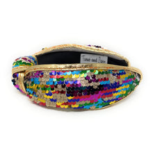 Load image into Gallery viewer, headband for women, summer Knot headband, multicolor sequin headband, Summer knotted headband, Multicolor top knot headband, multi color top knotted headband, multicolor knotted headband, Bright knot headband, Sequin hair band, sequin knot headbands, rainbow sequin knot headband, statement headbands, top knotted headband, Multicolor accessories, embellished headband, best selling items, luxury headband, embellished knot headband, multicolor knotted headband, summer knot headband