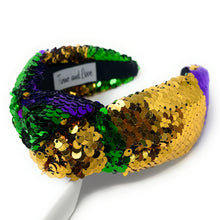 Load image into Gallery viewer, headband for women, purple Knotted headband, NOLA headband, Mardi Gras headband, top knot headband, Mardi Gras top knot headband, Purple headband, Mardi gras accessories, sequin headbands, sequin top knotted headband, statement headbands, top knotted headband, knotted headband, party headbands, hand beaded headband, Mardi gras costume, embellished headband, rhinestone headband, luxury headband, best selling items, jeweled knot headband, Mardi Gras New Orleans headband 