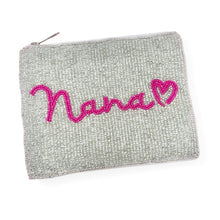 Load image into Gallery viewer, Handmade silver beaded zip pouch featuring bright pink Nana design