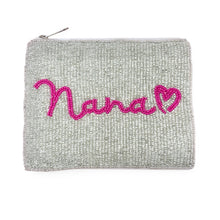 Load image into Gallery viewer, Silver beaded coin pouch with pink “Nana” text and heart detail