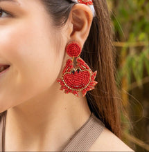 Load image into Gallery viewer, Vibrant red crab statement earrings adorned with intricate beadwork, shimmering details, and playful ocean-inspired design for summer fashion