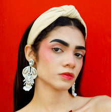 Load image into Gallery viewer, Hand-beaded lobster earrings featuring white beads, crystal accents, and shimmering rhinestone details.