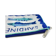 Load image into Gallery viewer, Statement sardine beaded bag featuring decorative scalloped borders, detailed fish motifs, and eye-catching blue and turquoise beadwork.