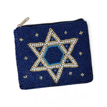 Load image into Gallery viewer, Front view of a navy blue hand-beaded pouch decorated with a detailed Star of David and gold and white bead accents.