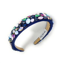 Load image into Gallery viewer, Navy blue headband adorned with colorful, iridescent gemstones, arranged intricately. 