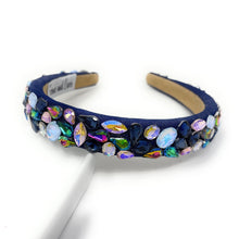 Load image into Gallery viewer, Navy blue headband adorned with colorful, iridescent gemstones, arranged intricately. 