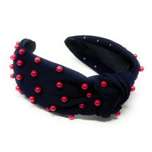 Load image into Gallery viewer, headbands for women, navy blue red headband, handmade headbands, navy blue top knotted headband, Tennessee Titans knotted headband, Titans Headband, FC Barcelona headband, Red pearl headband, navy blue game day headband, football headband, knotted jeweled headband, Houston Texans headband, New England Patriots knot headband, New England Patriots headband, pearly headbands, Patriots headband, game day hair accessories, game day headband, football headbands, best selling items
