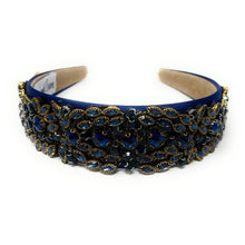 Load image into Gallery viewer, headband for women, fall headband, blue baroque headband, fall winter headband, navy blue headband, bridal headband, bridal accessories, blue luxurious hairband, luxurious hair band, unique embellished headband, unique headband, statement headband, custom bridal headband, blue color accessories, embellished headband, gemstone headband, luxury headband, embellished headband, bling headband, baroque embellished headband, custom headband, jeweled baroque headband, evening hair accessory