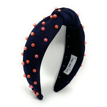 Load image into Gallery viewer, headbands for women, navy blue orange headband, handmade headbands, navy blue top knotted headband, Denver Broncos knotted headband, Syracuse university Headband, Auburn tigers headband, orange pearl headband, navy blue orange headband, football headband, jeweled headband, knotted jeweled headband, Alabama football headband, Auburn tigers knot headband, Denver knot headband, pearly headbands, Broncos headband, game day hair accessories, game day headband, football headbands, best selling items