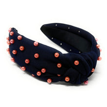 Load image into Gallery viewer, headbands for women, navy blue orange headband, handmade headbands, navy blue top knotted headband, Denver Broncos knotted headband, Syracuse university Headband, Auburn tigers headband, orange pearl headband, navy blue orange headband, football headband, jeweled headband, knotted jeweled headband, Alabama football headband, Auburn tigers knot headband, Denver knot headband, pearly headbands, Broncos headband, game day hair accessories, game day headband, football headbands, best selling items