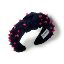 Load image into Gallery viewer, headbands for women, navy blue red headband, handmade headbands, navy blue top knotted headband, Tennessee Titans knotted headband, Titans Headband, FC Barcelona headband, Red pearl headband, navy blue game day headband, football headband, knotted jeweled headband, Houston Texans headband, New England Patriots knot headband, New England Patriots headband, pearly headbands, Patriots headband, game day hair accessories, game day headband, football headbands, best selling items
