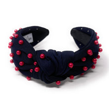 Load image into Gallery viewer, headbands for women, navy blue red headband, handmade headbands, navy blue top knotted headband, Tennessee Titans knotted headband, Titans Headband, FC Barcelona headband, Red pearl headband, navy blue game day headband, football headband, knotted jeweled headband, Houston Texans headband, New England Patriots knot headband, New England Patriots headband, pearly headbands, Patriots headband, game day hair accessories, game day headband, football headbands, best selling items
