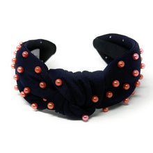 Load image into Gallery viewer, headbands for women, navy blue orange headband, handmade headbands, navy blue top knotted headband, Denver Broncos knotted headband, Syracuse university Headband, Auburn tigers headband, orange pearl headband, navy blue orange headband, football headband, jeweled headband, knotted jeweled headband, Alabama football headband, Auburn tigers knot headband, Denver knot headband, pearly headbands, Broncos headband, game day hair accessories, game day headband, football headbands, best selling items