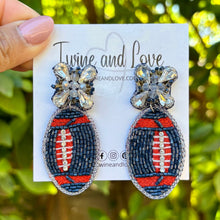 Load image into Gallery viewer, football Beaded Earrings, blue orange football Earrings, football Earrings, Syracuse University football, football earrings, Orange and Blue football earrings, Navy Orange football, Denver Broncos football earrings, Denver blue earrings, Navy football earrings, football seed bead earrings, football accessories, Broncos accessories, Game day earrings, Best selling items, birthday gifts, sport jewelry, sport bead earrings, football accessory, College gifts, Football gifts for her, gameday earrings