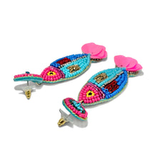 Load image into Gallery viewer, Handmade beaded fish earrings adorned with intricate embroidery, bright colors, and dangling pink sequins for a fun tropical look.