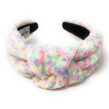 Load image into Gallery viewer, headband for women, summer Knot headband, neon headband, Summer knotted headband, Multicolor top knot headband, multi color top knotted headband, multicolor knotted headband, Bright knot headband, Sequin hair band, neon knot headbands, Neon headband, statement headbands, top knotted headband, knotted headband, Multicolor accessories, embellished headband, gemstone knot headband, luxury headband, embellished knot headband, multicolor knot headband, summer knot embellished headband
