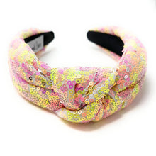 Load image into Gallery viewer, headband for women, summer Knot headband, Summer lover headband, Summer knotted headband, Multicolor top knot headband, multi color top knotted headband, multicolor knotted headband, Bright knot headband, Sequin hair band, neon knot headbands, Neon headband, statement headbands, top knotted headband, knotted headband, Multicolor accessories, embellished headband, gemstone knot headband, luxury headband, embellished knot headband, rainbow knot headband, summer knot embellished headband