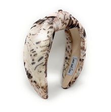 Load image into Gallery viewer, Neutral beige and brown patterned knot headband with twisted detail
