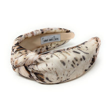 Load image into Gallery viewer, Soft neutral headband with brown and beige pattern and knot center