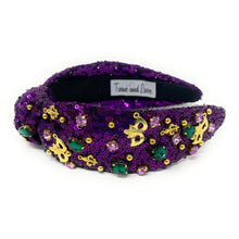 Load image into Gallery viewer, headband for women, purple Knotted headband, NOLA headband, Mardi Gras headband, top knot headband, Mardi Gras top knot headband, Purple headband, Mardi gras accessories, trendy headbands, sequin top knotted headband, statement headbands, top knotted headband, knotted headband, party headbands, hand beaded headband, Mardi gras costume, embellished headband, rhinestone headband, luxury headband, best selling items, jeweled knot headband, Mardi Gras New Orleans headband 