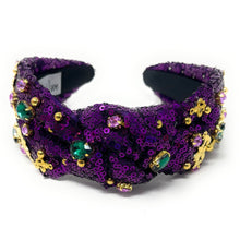 Load image into Gallery viewer, headband for women, purple Knotted headband, NOLA headband, Mardi Gras headband, top knot headband, Mardi Gras top knot headband, Purple headband, Mardi gras accessories, trendy headbands, sequin top knotted headband, statement headbands, top knotted headband, knotted headband, party headbands, hand beaded headband, Mardi gras costume, embellished headband, rhinestone headband, luxury headband, best selling items, jeweled knot headband, Mardi Gras New Orleans headband 