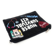 Load image into Gallery viewer, Beaded pouch with &quot;Nurse Survival Kit&quot; in white. Features a red heart with ECG, syringe, pill bottles, and stethoscope on a black background. Playful tone.