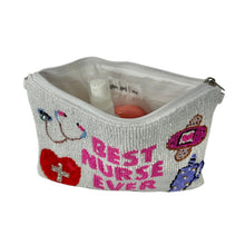 Load image into Gallery viewer, Hand beaded pouch with the words &quot;Best Nurse Ever&quot; and images of a stethoscope, heart, thermometer, bandage, and blood pressure monitor, celebrating healthcare.