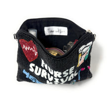 Load image into Gallery viewer, Beaded pouch with &quot;Nurse Survival Kit&quot; in white. Features a red heart with ECG, syringe, pill bottles, and stethoscope on a black background. Playful tone.