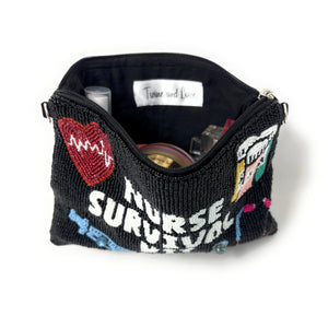 Beaded pouch with "Nurse Survival Kit" in white. Features a red heart with ECG, syringe, pill bottles, and stethoscope on a black background. Playful tone.