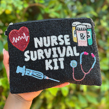 Load image into Gallery viewer, Beaded pouch with &quot;Nurse Survival Kit&quot; in white. Features a red heart with ECG, syringe, pill bottles, and stethoscope on a black background. Playful tone.