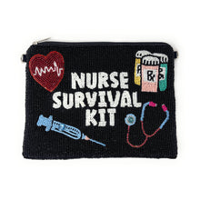 Load image into Gallery viewer, Beaded pouch with &quot;Nurse Survival Kit&quot; in white. Features a red heart with ECG, syringe, pill bottles, and stethoscope on a black background. Playful tone.