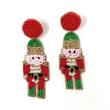 Load image into Gallery viewer, red Nutcracker Beaded Earrings, Christmas Earrings, Holiday Earrings, Christmas Beaded Earrings, Seed Bead, Merry Christmas, red green Nutcracker soldier earrings, red beaded earrings, Christmas beaded earrings, red bead earrings, red green holiday earrings, holiday earrings, Nutcracker earrings, red earrings, holiday gifts, holiday accessories, holiday beaded accessories, Holiday nutcracker accessories, Holiday Christmas earrings, Christmas gifts, Best seller, best Selling items, Christmas earrings, Custom