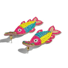 Load image into Gallery viewer, Colorful fish statement earrings with bold beadwork and layered sequin details, perfect for summer vacations and resort wear.