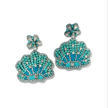 Load image into Gallery viewer, Handmade beaded shell earrings featuring ocean-inspired colors and intricate handcrafted details.
