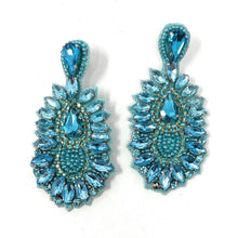 Load image into Gallery viewer, Glam aqua rhinestone drop earrings featuring shimmering blue gems and intricate beaded accents.