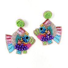 Load image into Gallery viewer, Beaded tropical fish earrings with bright pink, blue, green, and purple embellishments on a lightweight statement silhouette.